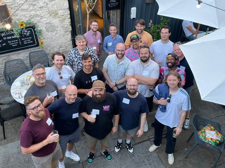 Dads gathered in the Archangel courtyard at the first For Dads Sake meet up
